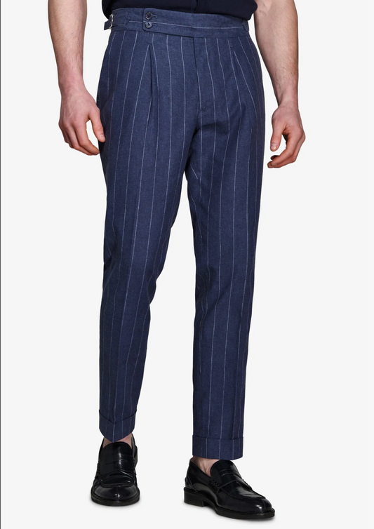 Blaue Nadelstreifenhose aus Leinenmischung