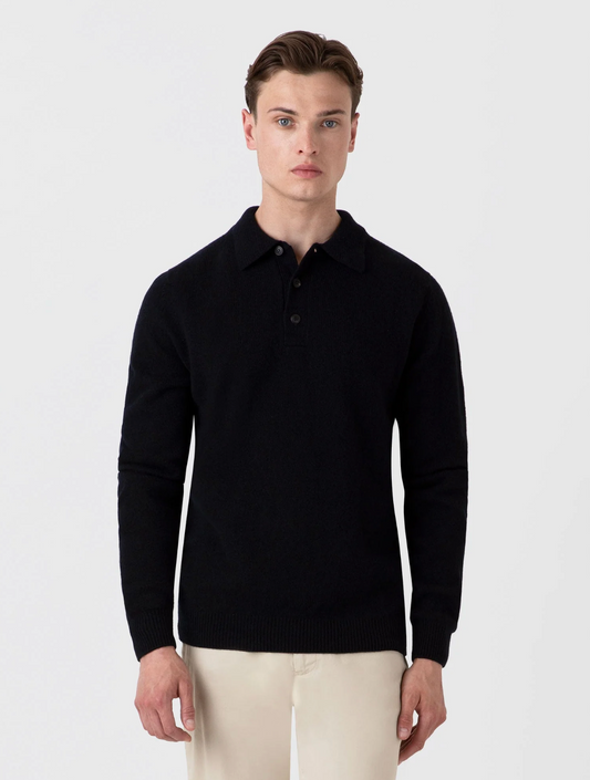 Tiefblaues Poloshirt aus Lammwolle